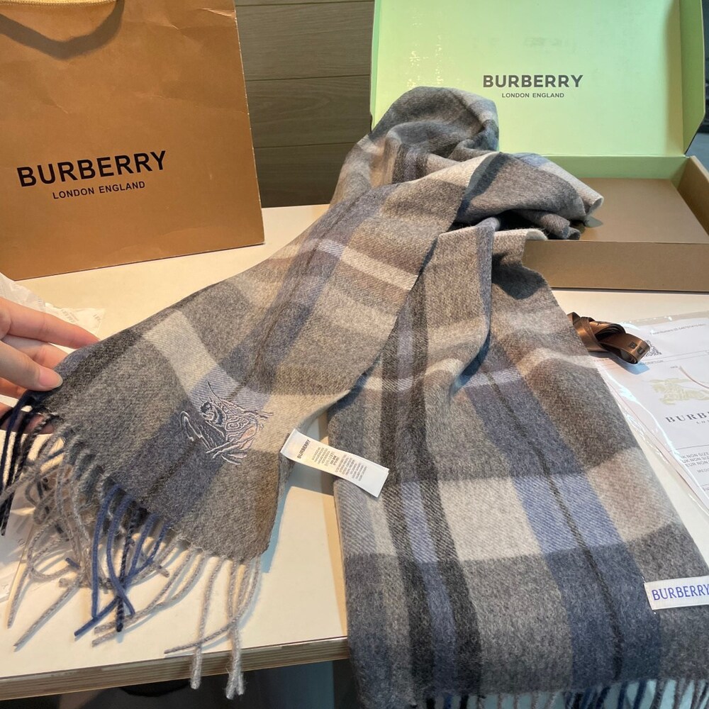 Burberry Grey-Blue Check Cashmere Scarf